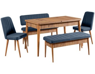 Ensemble repas table chaises et banc Vina (Noyer et bleu foncé)