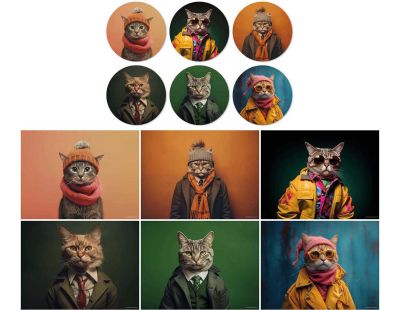 Ensemble sets de table en vinyle 40 x 30 cm et dessous de verre Funny cats (Lot de 6 sets de table et de 6 dessous de verre motifs assortis)