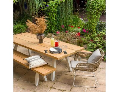 Ensemble table et bancs de jardin en aluminium et teck recyclé