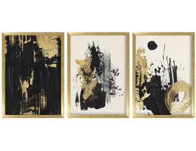Ensemble de 3 tableaux décoratifs (Abstrait noir et doré)