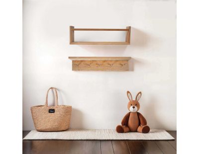 Etagère murale en pin Bly (1 étagère simple et 1 étagère avec crochets)