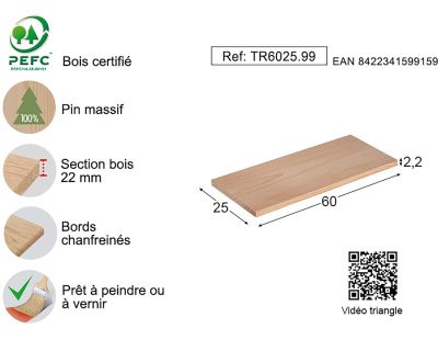Etagère tablette murale en pin brut (60 x 25 cm)