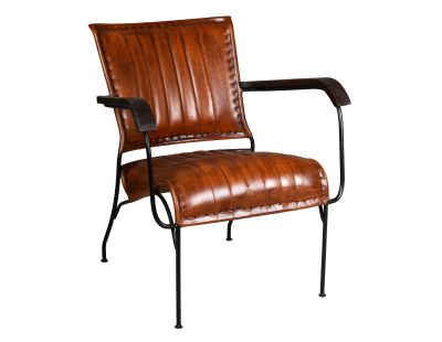 Fauteuil en cuir de buffle, métal et bois verni