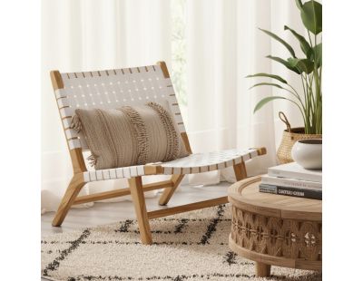 Fauteuil design en teck et nylon tressé (Blanc)