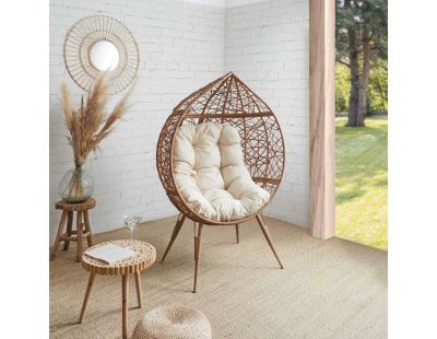Fauteuil oeuf en résine tressée coussin en tissu beige (Longueur 100 cm)
