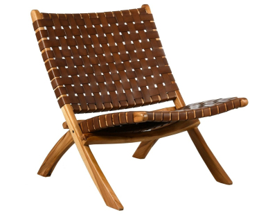 Fauteuil pliant en teck et cuir de vache tressé Cimahi
