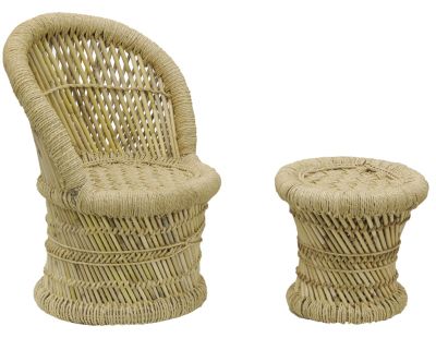 Fauteuil et tabouret pour enfant en roseau (Lot de 2)