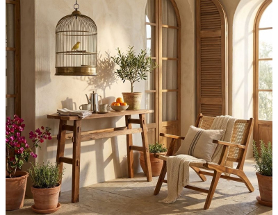 Fauteuil en teck et cannage rotin