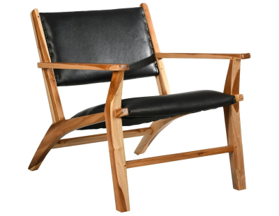Fauteuil en teck et cuir de vache noir Makassar