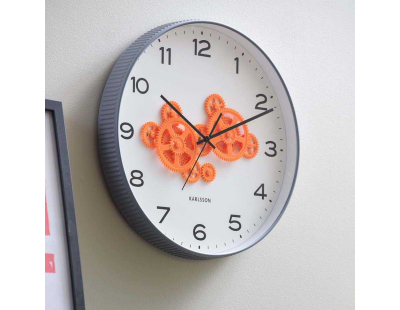 Horloge murale ronde Open Gear (Gris souris et orange)