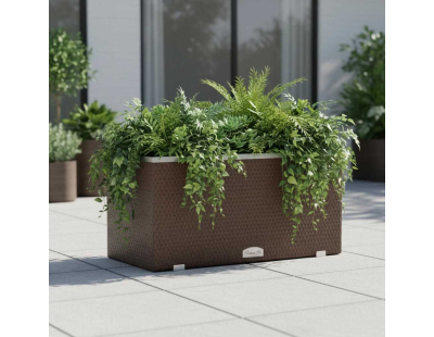 Jardinière en résine tressée avec réserve d'eau et cadre en aluminium 95 x 39 x 43 cm (Marron)