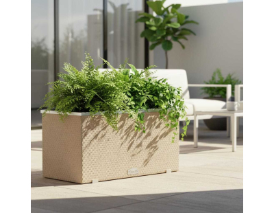 Jardinière en résine tressée avec réserve d'eau et cadre en aluminium 95 x 39 x 43 cm (Beige)