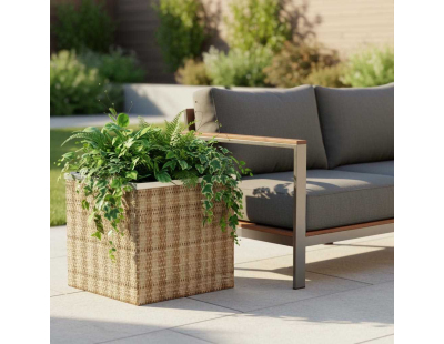 Jardinière en résine tressée avec réserve d'eau et cadre en aluminium 50 x 50 x 43 cm (Marron et beige)