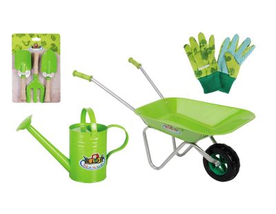 Kit petit jardinier accessoires pour enfant en métal (Gants + petits outils + brouette + arrosoir)