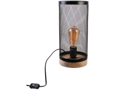 Lampe cylindrique métal grillagé socle en bois (Noir)