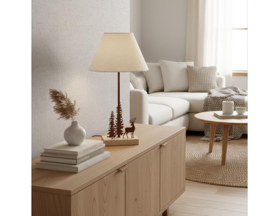 Lampe en métal et bois décor Forêt (1 cerf + 2 sapins)
