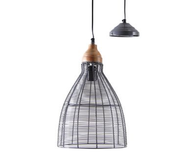 Lampe suspension en métal laqué gris et bois (Cloche)