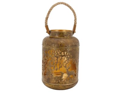 Lanterne en métal antique décor Cerf et Biche intérieur doré