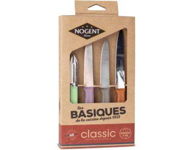 Lot couteaux de cuisine Les Basiques fabrication française (Marron - taupe - violet - vert)