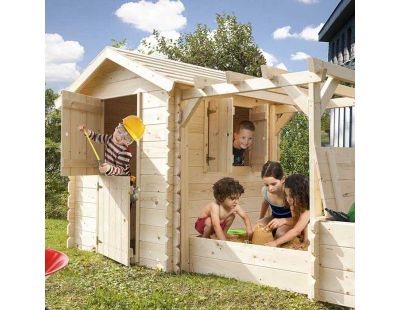 Maisonnette en épicéa avec bac à sables et pergola Dino Park