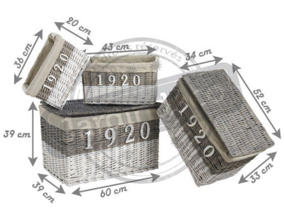 Malles et corbeilles en osier teinté et tissu 1920 (Lot de 4)