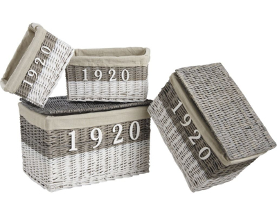 Malles et corbeilles en osier teinté et tissu 1920 (Lot de 4)