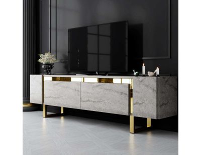 Meuble TV en aggloméré et métal Yildiz (Travertine et Doré)