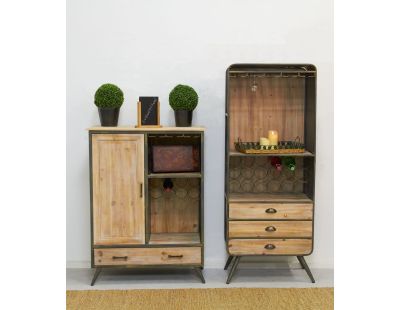 Meuble bar en bois et métal étagères et tiroirs