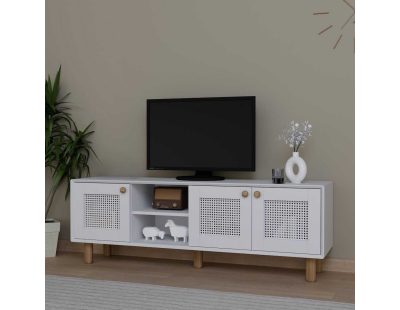 Meuble TV 3 portes en aggloméré Bohemian (Blanc avec cannage blanc)