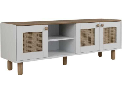 Meuble TV 3 portes en aggloméré Bohemian (Blanc et chêne avec cannage)
