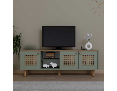 Meuble TV 3 portes en aggloméré Bohemian (Vert avec cannage)