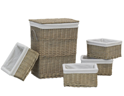 Panier à linge + 4 corbeilles en osier gris (Lot de 5)