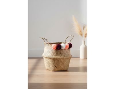 Panier rond en jonc naturel avec pompons (Ponpons multicolores)
