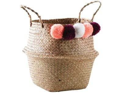 Panier rond en jonc naturel avec pompons (Ponpons multicolores)