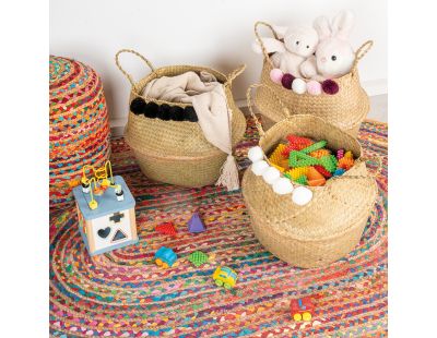 Panier rond en jonc naturel avec pompons (Ponpons multicolores)