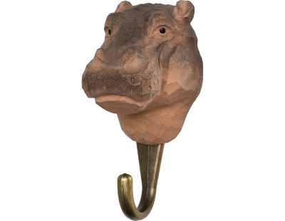 Patère animal en bois sculpté à la main et métal (Hippopotame)