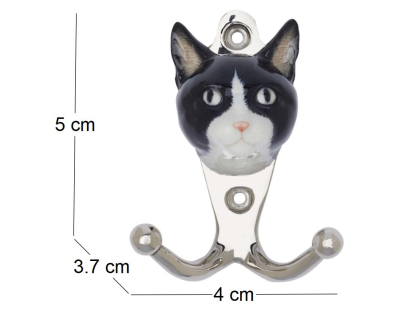 Patère animal en porcelaine 2 crochets (Tête de chat noir et blanc)