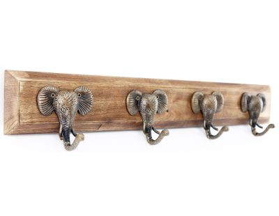 Patère 4 crochets en bois de manguier et fer Eléphants (Doré)