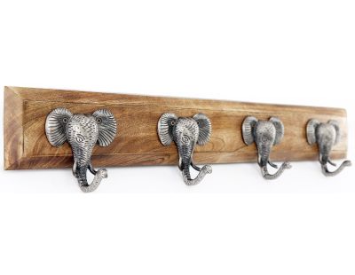 Patère 4 crochets en bois de manguier et fer Eléphants (Argenté)