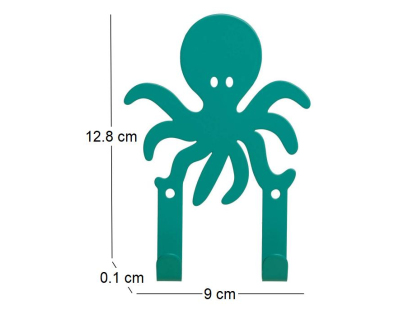 Patère enfant en métal 2 crochets pieuvre bleue (Petit modèle)