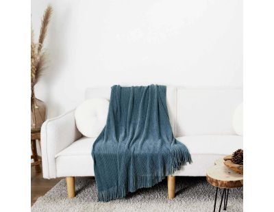 Plaid chenille en polyester avec franges 120 x 150 cm (Bleu canard)