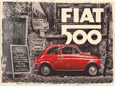 Plaque décorative en métal en relief 40 x 30 cm (Fiat 500 - Red car in the street)