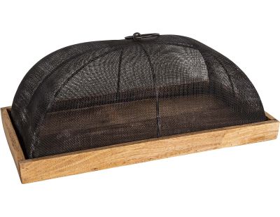 Plateau en bois avec cloche grillagée