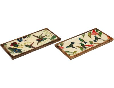 Plateau en manguier et émail Colibri 40 x 19 cm (Lot de 2)
