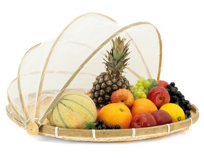Plateau rond en bambou avec cloche en filet