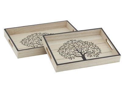 Plateaux rectangulaires en bois naturel Arbre de vie (Lot de 2)