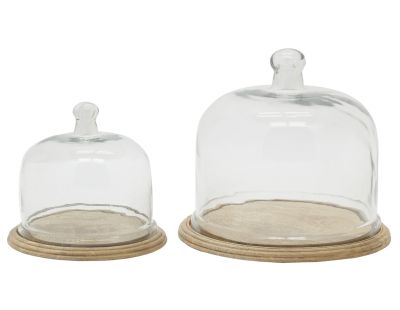 Cloches en verre + plateaux en manguier (lot de 2)