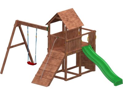 Plateforme de jeux en bois Carol (Tour + toboggan + balançoire + rampe)