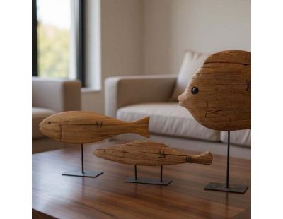 Poisson sur pied en bois recyclé et métal (Petit modèle)