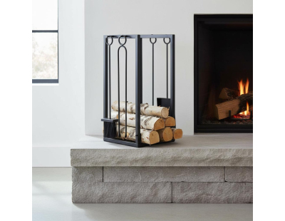 Porte-bûches + 4 accessoires de cheminée en métal noir
